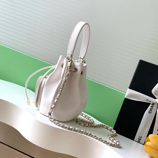 CHANEL 25S MINI BUCKET BAG 12 IN WHITE CALFSKIN GOLD HARDWARE