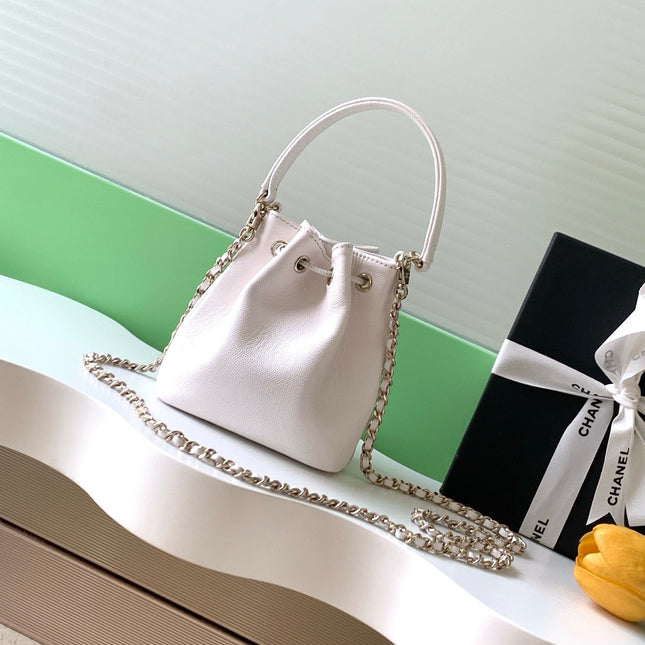 CHANEL 25S MINI BUCKET BAG 12 IN WHITE CALFSKIN GOLD HARDWARE