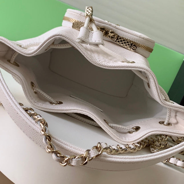 CHANEL 25S MINI BUCKET BAG 12 IN WHITE CALFSKIN GOLD HARDWARE