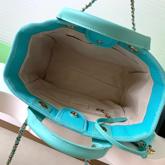 CHANEL 25S TOTE BAG 33 IN TURQUOISE BLUE CANVAS