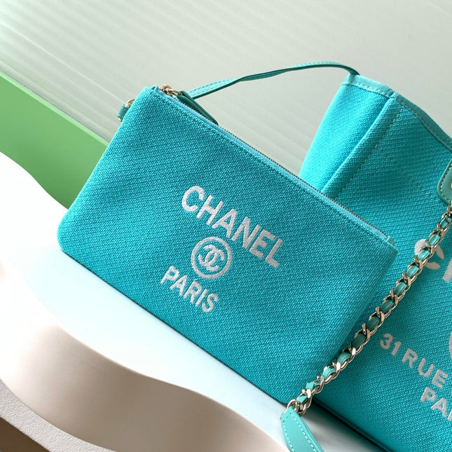 CHANEL 25S TOTE BAG 33 IN TURQUOISE BLUE CANVAS