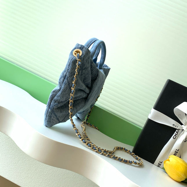 CHANEL 25S MAXI BOW BAG 26 IN BLUE DENIM WITH GOLD HARDWARE