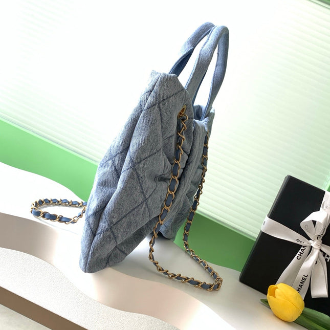 CHANEL 25S MAXI BOW BAG 38 IN BLUE DENIM WITH GOLD HARDWARE