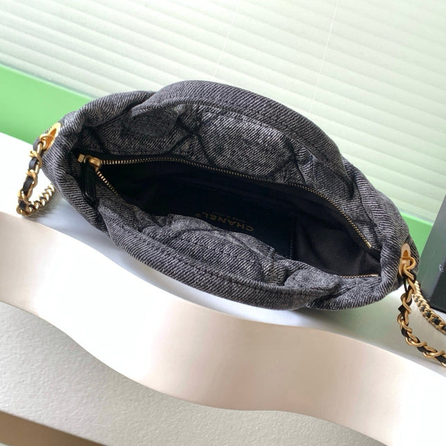 CHANEL 25S MAXI BOW BAG 26 IN DARK GREY DENIM WITH GOLD HARDWARE