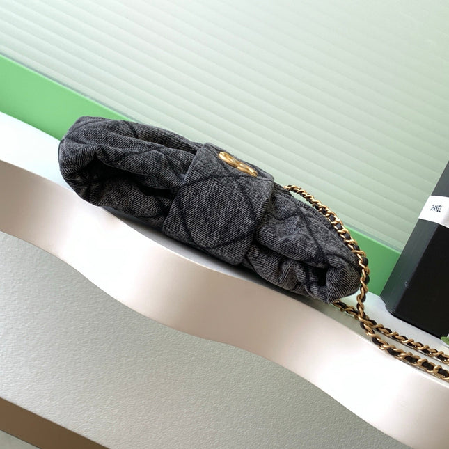 CHANEL 25S MAXI BOW BAG 26 IN DARK GREY DENIM WITH GOLD HARDWARE
