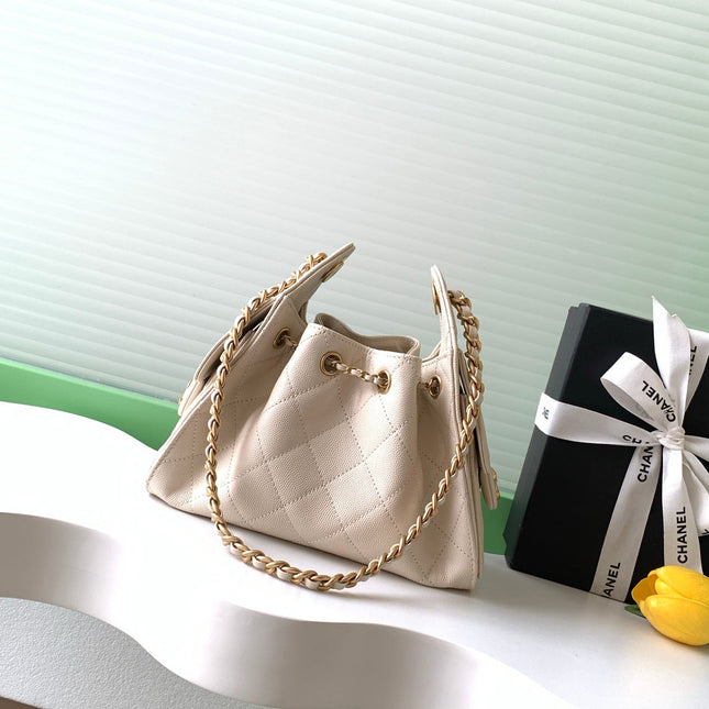 CHANEL 25S HOBO BAG 22 IN LIGHT BEIGE CAVIAR LEATHER WITH GOLD HARDWARE