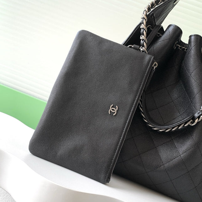 CHANEL 26S HOBO BAG 40 IN BLACK CAVIAR CALFSKIN DARK SILVER HARDWARE