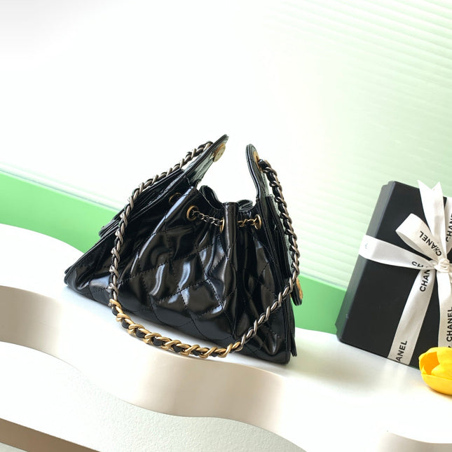 CHANEL 25S HOBO BAG 22 IN BLACK GLOSSY CALFSKIN WITH GOLD HARDWARE