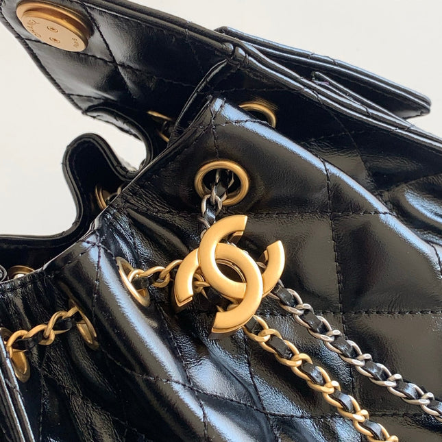 CHANEL 25S HOBO BAG 22 IN BLACK GLOSSY CALFSKIN WITH GOLD HARDWARE