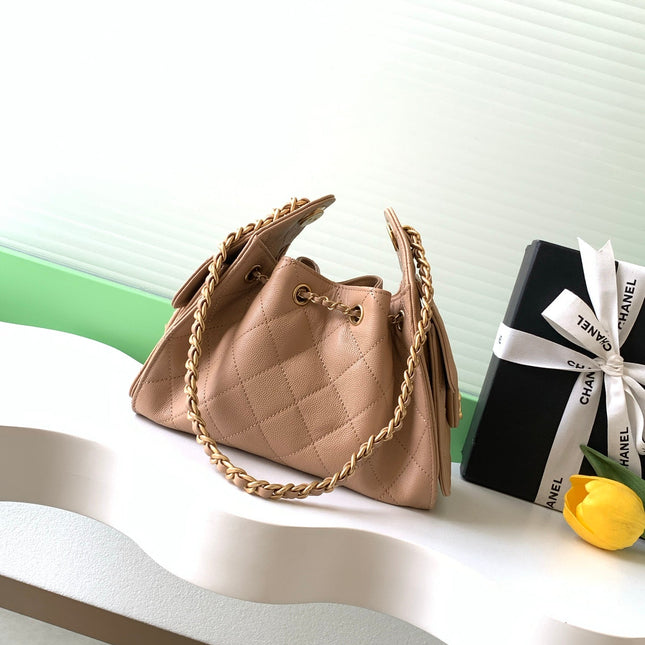 CHANEL 25S HOBO BAG 22 IN BEIGE BROWN CAVIAR LEATHER WITH GOLD HARDWARE