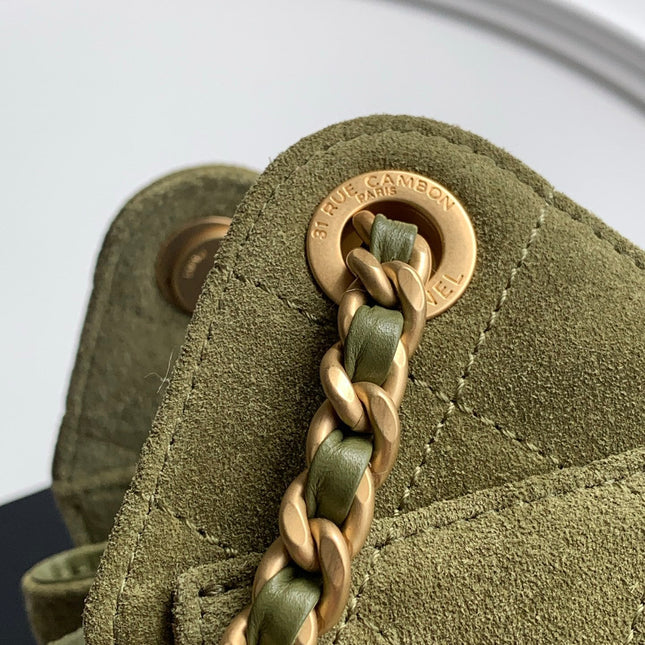 CHANEL 25S HOBO BAG 22 IN MOSS GREEN SUEDE WITH GOLD HARDWARE
