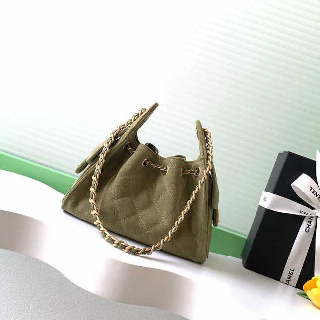 CHANEL 25S HOBO BAG 22 IN MOSS GREEN SUEDE WITH GOLD HARDWARE