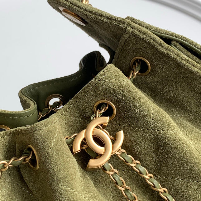 CHANEL 25S HOBO BAG 22 IN MOSS GREEN SUEDE WITH GOLD HARDWARE