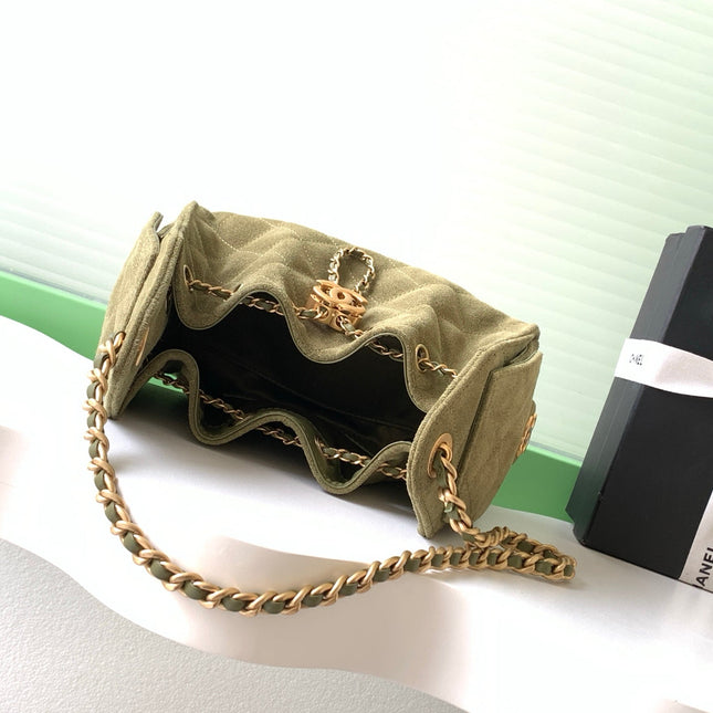 CHANEL 25S HOBO BAG 22 IN MOSS GREEN SUEDE WITH GOLD HARDWARE