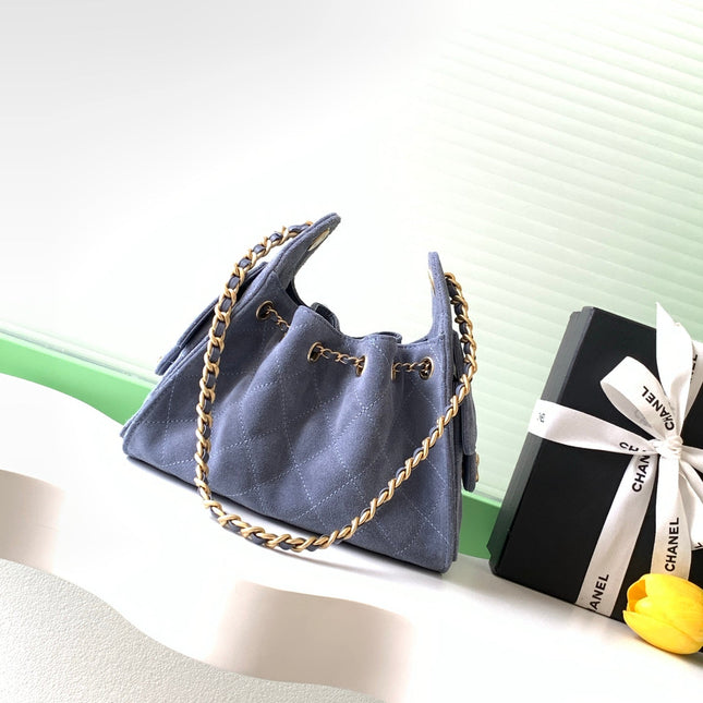 CHANEL 25S HOBO BAG 22 IN BLUE GRAY SUEDE WITH GOLD HARDWARE