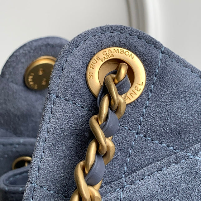 CHANEL 25S HOBO BAG 22 IN BLUE GRAY SUEDE WITH GOLD HARDWARE