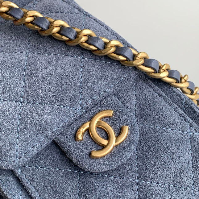 CHANEL 25S HOBO BAG 22 IN BLUE GRAY SUEDE WITH GOLD HARDWARE