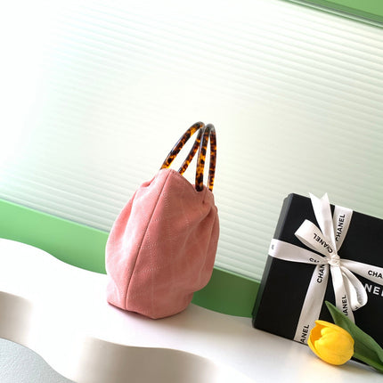 CHANEL 26S HAND BAG MEDIUM 24 IN PINK SUEDE GOLD HARDWARE