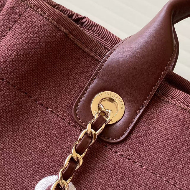 CHANEL 25S TOTE BAG 33 IN DARK RED CANVAS