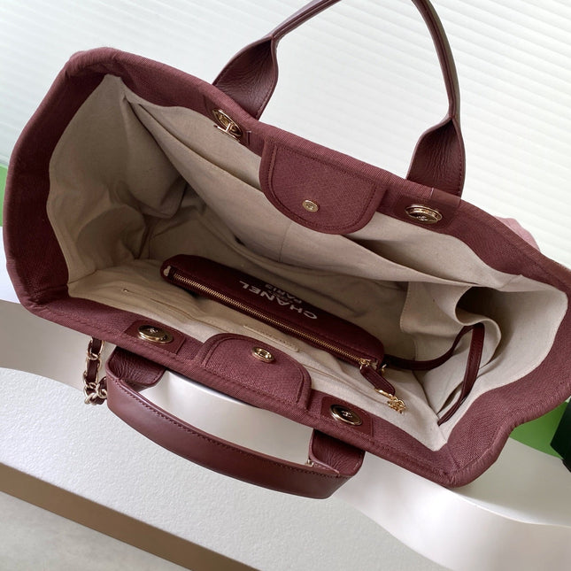 CHANEL 25S TOTE BAG 38 IN DARK RED CANVAS