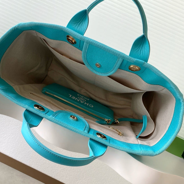 CHANEL 25S TOTE BAG 38 IN TURQUOISE BLUE CANVAS