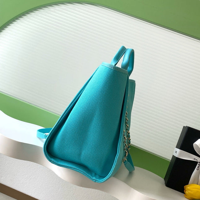 CHANEL 25S TOTE BAG 38 IN TURQUOISE BLUE CANVAS
