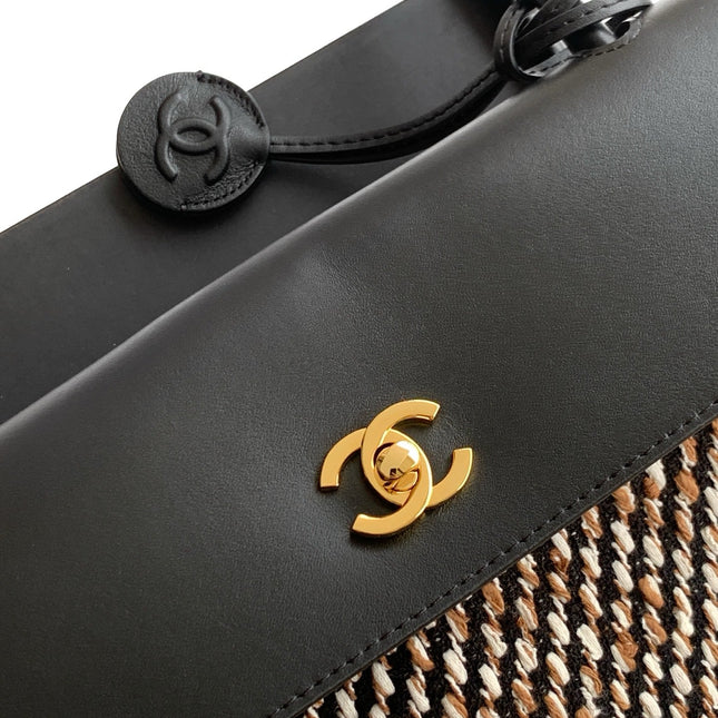 CHANEL 26S LARGE TOTE BAG 43 IN IVORY AND CAMEL TWEED WITH BLACK CALFSKIN