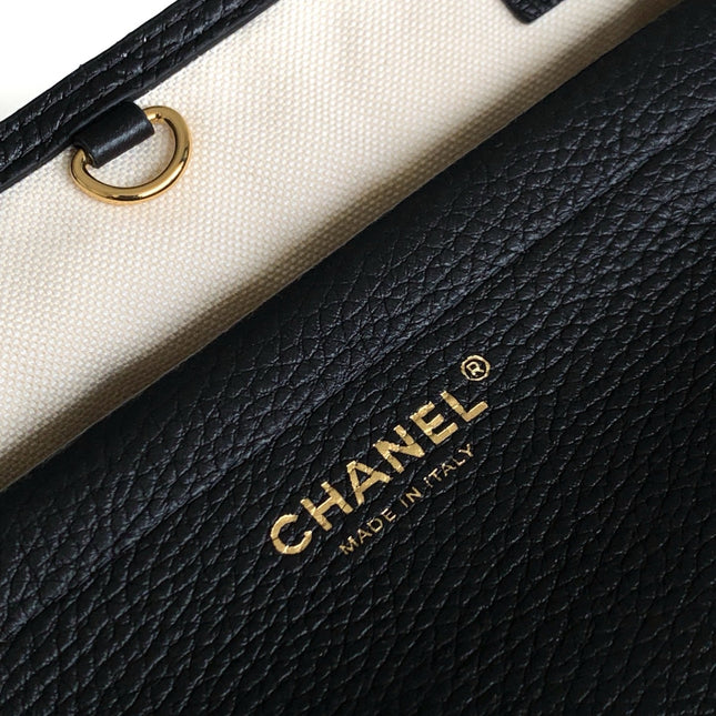 CHANEL 26S TOP HANDLE SHOPPING BAG 30 IN BLACK CALFSKIN AND IVORY FABRIC
