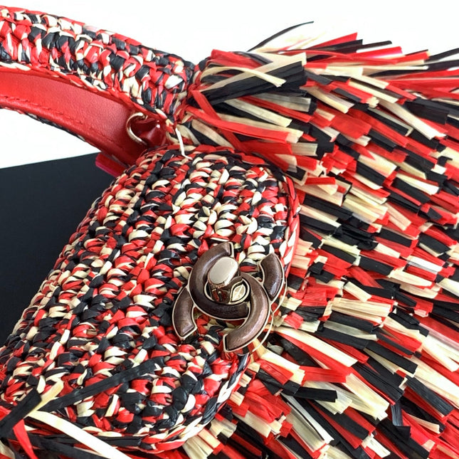 CHANEL 26S SMALL FRINGE KELLY 19 IN RED MULTICOLOR RAFFIA WOOD