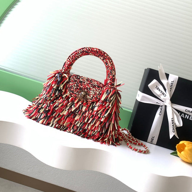 CHANEL 26S SMALL FRINGE KELLY 19 IN RED MULTICOLOR RAFFIA WOOD