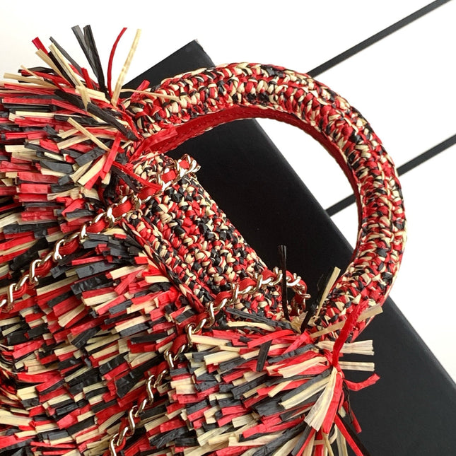 CHANEL 26S SMALL FRINGE KELLY 19 IN RED MULTICOLOR RAFFIA WOOD