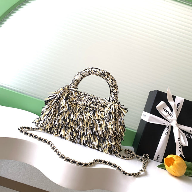 CHANEL 26S SMALL FRINGE KELLY 19 IN BLACK AND IVORY RAFFIA WOOD