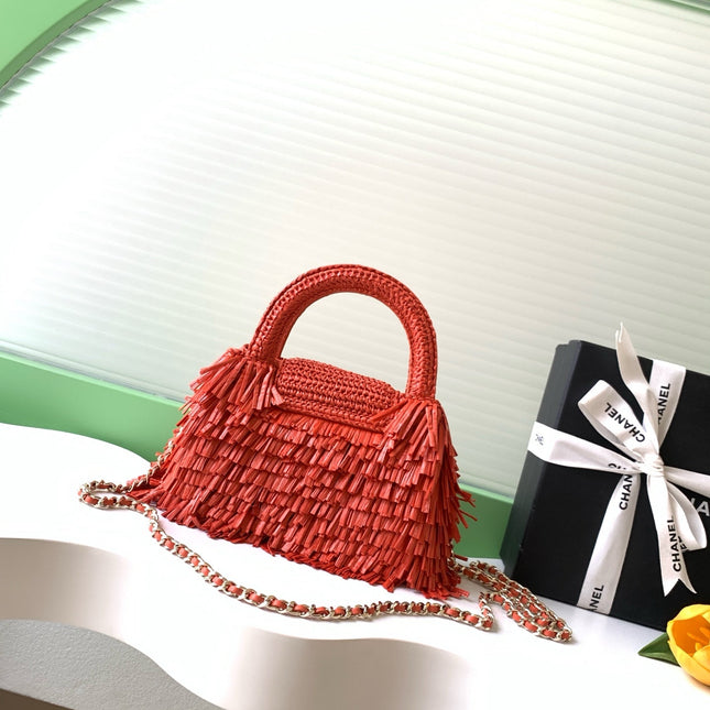 CHANEL 26S SMALL FRINGE KELLY 19 IN CORAL RED RAFFIA WOOD