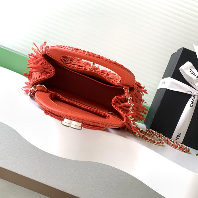 CHANEL 26S SMALL FRINGE KELLY 19 IN CORAL RED RAFFIA WOOD
