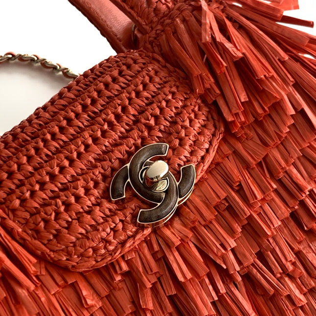 CHANEL 26S SMALL FRINGE KELLY 19 IN CORAL RED RAFFIA WOOD