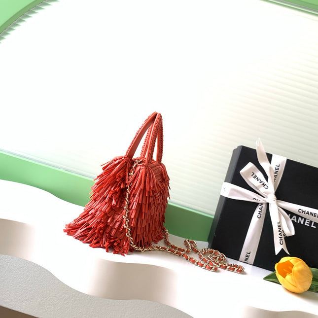 CHANEL 26S SMALL FRINGE KELLY 19 IN CORAL RED RAFFIA WOOD