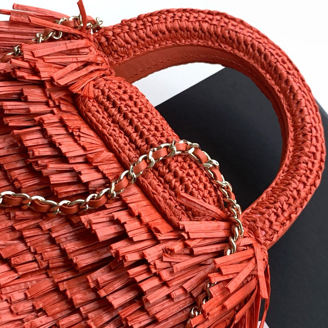 CHANEL 26S SMALL FRINGE KELLY 19 IN CORAL RED RAFFIA WOOD