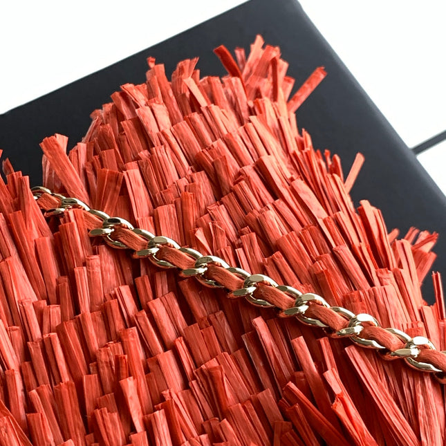 CHANEL 26S SMALL FRINGE KELLY 19 IN CORAL RED RAFFIA WOOD