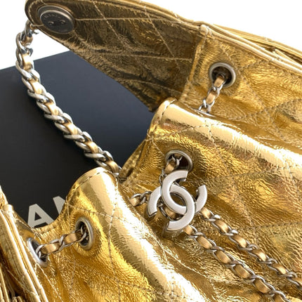 CHANEL 26S HOBO BAG 30 IN GOLD METALLIC CRINKLED CALFSKIN SILVER HARDWARE