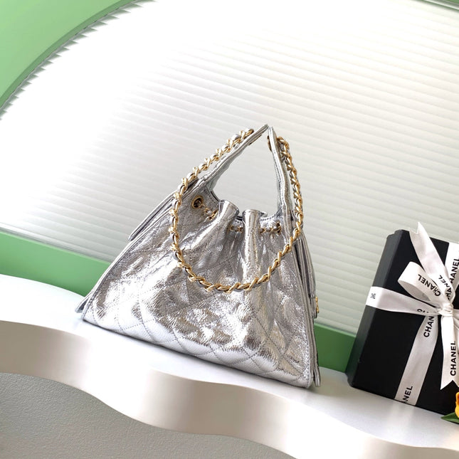 CHANEL 26S HOBO BAG 30 IN SILVER METALLIC CRINKLED CALFSKIN GOLD HARDWARE