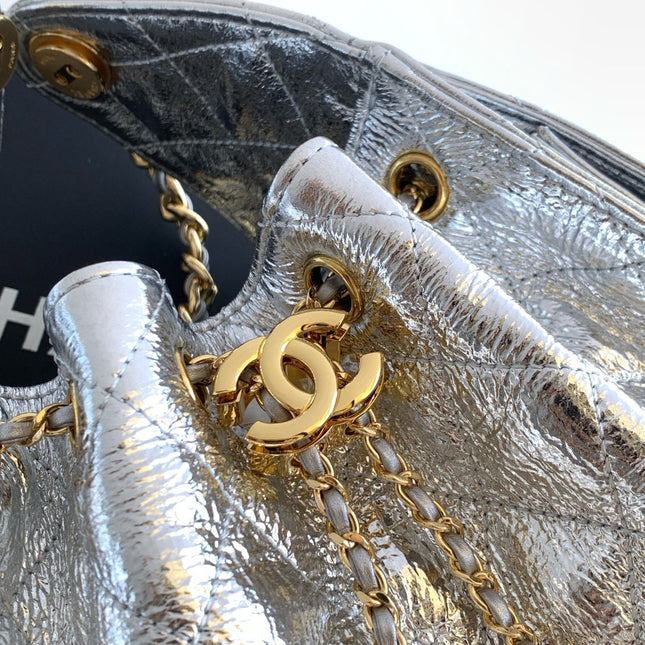 CHANEL 26S HOBO BAG 30 IN SILVER METALLIC CRINKLED CALFSKIN GOLD HARDWARE