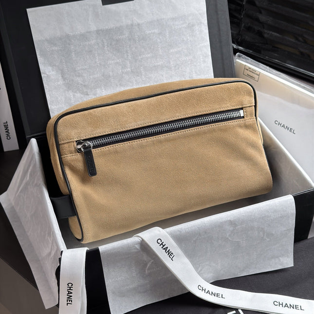 CHANEL 26S LARGE ZIP POUCH BAG 29 IN DARK BEIGE SUEDE AND CALFSKIN SILVER HARDWARE