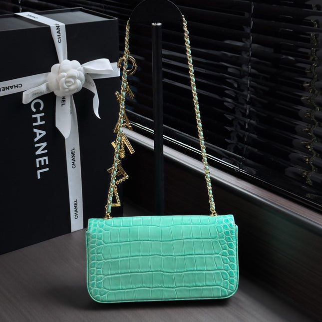 CHANEL 26S WALLET ON CHAIN 22 IN TIFFANY BLUE CROCODILE-EMBOSSED CALFSKIN GOLD HARDWARE