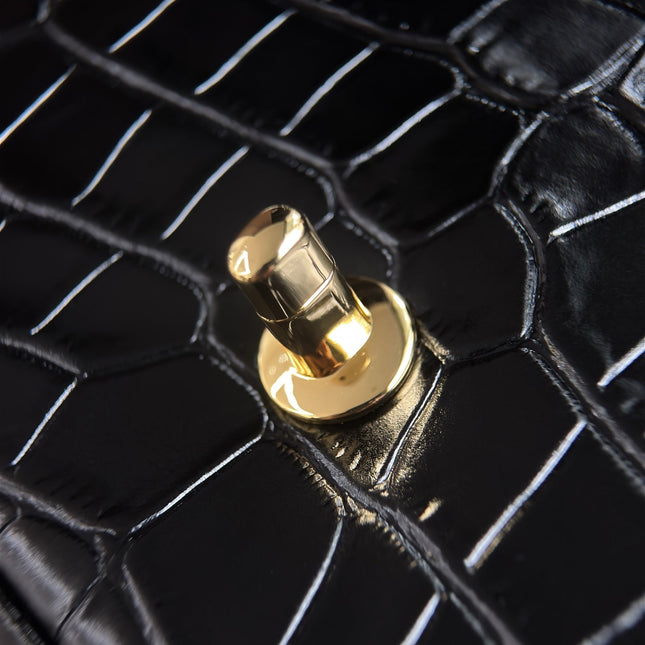 CHANEL 26S WALLET ON CHAIN 22 IN BLACK CROCODILE-EMBOSSED CALFSKIN GOLD HARDWARE