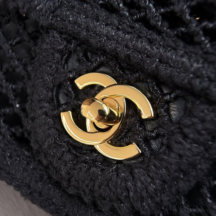 CHANEL 26S SMALL CLASSIC FLAP BAG 21 IN BLACK OPEN-WEAVE CROCHET GOLD HARDWARE