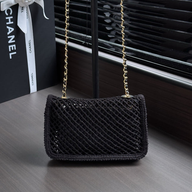 CHANEL 26S SMALL CLASSIC FLAP BAG 21 IN BLACK OPEN-WEAVE CROCHET GOLD HARDWARE