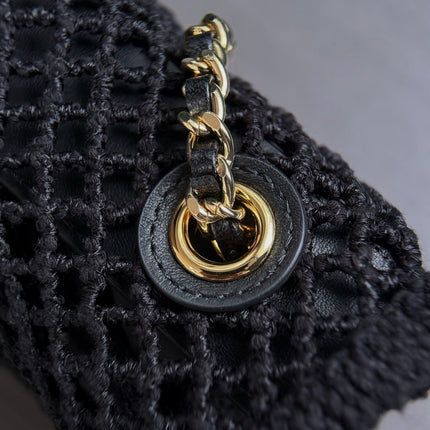 CHANEL 26S SMALL CLASSIC FLAP BAG 21 IN BLACK OPEN-WEAVE CROCHET GOLD HARDWARE