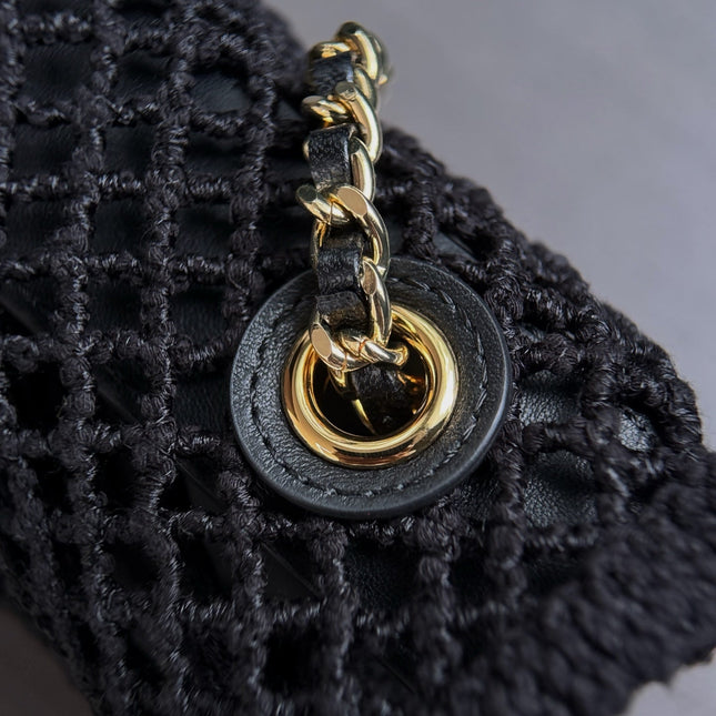 CHANEL 26S SMALL CLASSIC FLAP BAG 21 IN BLACK OPEN-WEAVE CROCHET GOLD HARDWARE