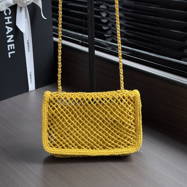 CHANEL 26S SMALL CLASSIC FLAP BAG 21 IN YELLOW OPEN-WEAVE CROCHET GOLD HARDWARE
