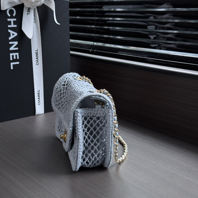 CHANEL 26S SMALL CLASSIC FLAP BAG 21 IN LIGHT BLUE OPEN-WEAVE CROCHET GOLD HARDWARE